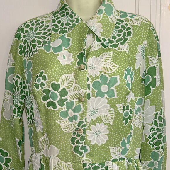 Vtg 60s Serbin of Florida Flower Power Green & White Button Front Maxi Dress - Picture 3 of 8